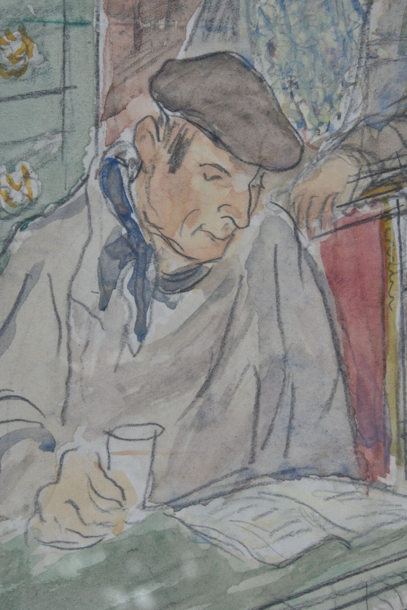 Ethel MARS "Scène de café" aquarelle gouachée 38x30-photo-2